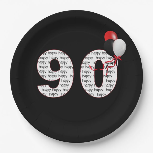 Prato De Papel Feliz Aniversário De 90 Em Papel Preto (Frente)
