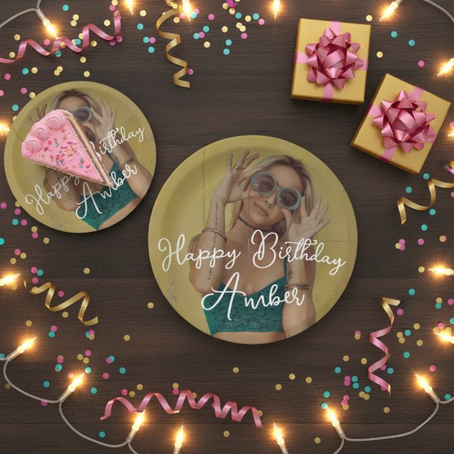 Prato De Papel Feliz Aniversário de Papel Personalizado para Foto (Happy Birthday Personalized Photo Paper Plate)