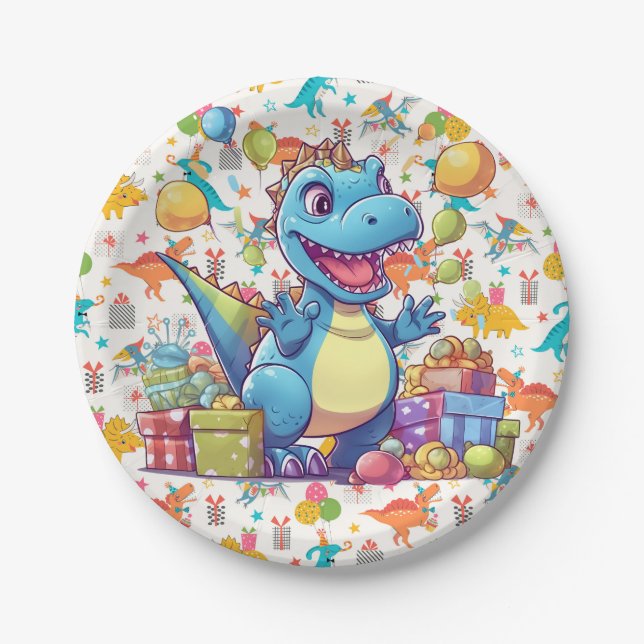 Prato De Papel Feliz Aniversário Dinossauro  (Frente)