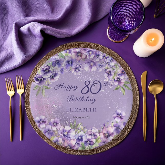 Prato De Papel Feliz Aniversário do 80 Floral Feliz Violetas Roxa (Boho Elegant Purple Violets Floral Happy 80th Birthday Party Paper Plates)