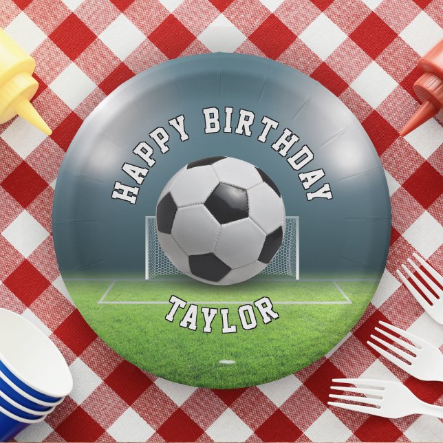 Prato De Papel Feliz Aniversário do Futebol do Campo de Futebol (football / soccer birthday paper plates)