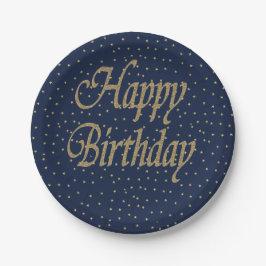Prato De Papel Feliz aniversário do marinho Dourado
