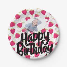 Prato De Papel Feliz Aniversário do Padrão de Morango Personaliza