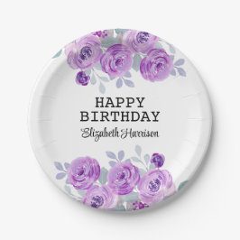 Prato De Papel Feliz Aniversário do Pastel Purple Rosa Floral Gre