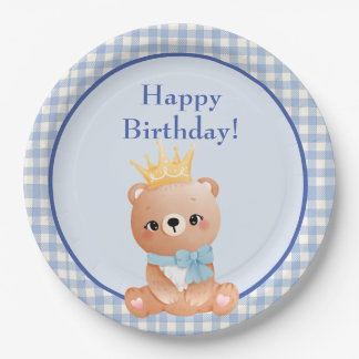Prato De Papel Feliz Aniversário do Verificador Azul Urso