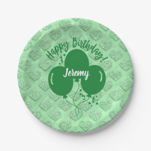 Prato De Papel Feliz Aniversário dos Corações Verdes Balões Perso