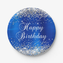 Feliz Aniversário em Brilho Prateado e Azul Real e