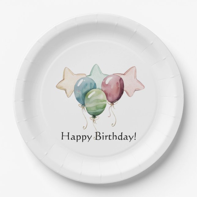 Prato De Papel Feliz Aniversário Estrelas e Balões (Frente)