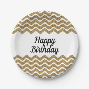 Prato De Papel Feliz Aniversário Faux Dourado Glitter White Stri