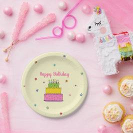 Prato De Papel Feliz Aniversário Festivo com Bolo e Confeta Color
