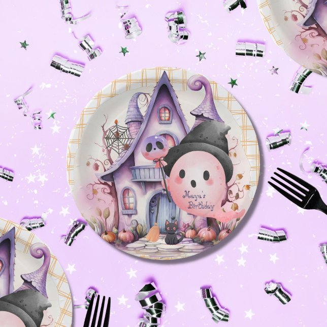 Prato De Papel Feliz aniversário fofo da mansão fantasma de hallo (Halloween paper plates ghost mansion
)