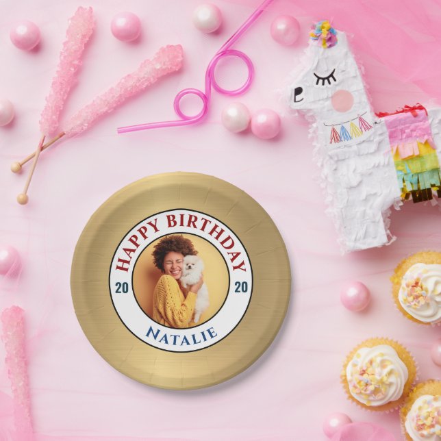 Prato De Papel Feliz aniversário Foto Dourada Elegante Personaliz (Festa)