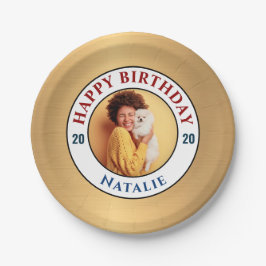 Prato De Papel Feliz aniversário Foto Dourada Elegante Personaliz