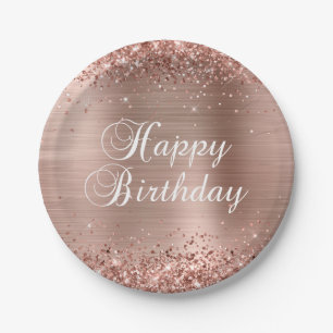 Prato De Papel Feliz Aniversário Glittery Rosa Gold Foil