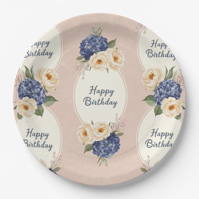 Prato De Papel Feliz Aniversário, Hydrangeas e Peonias (Frente)