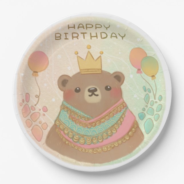 Prato De Papel Feliz Aniversário Ilustração do Urso de Teddy (Frente)