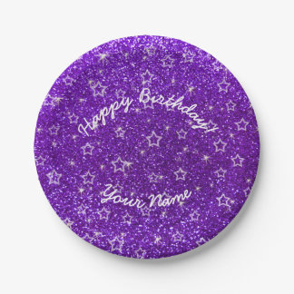 Prato De Papel Feliz Aniversário, índigo, estrelas de brilho roxo