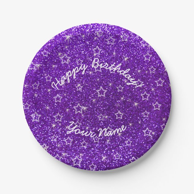 Prato De Papel Feliz Aniversário, índigo, estrelas de brilho roxo (Frente)