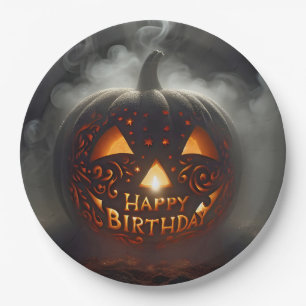 Prato De Papel Feliz Aniversário Jack-o-lantern na Fumaça