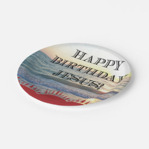 Prato De Papel Feliz aniversário Jesus sobre o oceano