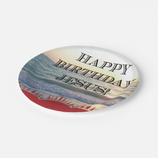 Prato De Papel Feliz aniversário Jesus sobre o oceano (Inclinado)