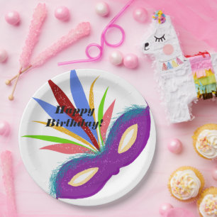 Prato De Papel Feliz Aniversário Máscara de Mascarada Roxo