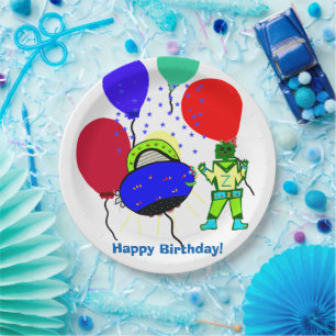 Prato De Papel Feliz Aniversário Menino Robô Verde Espaçonave Azu
