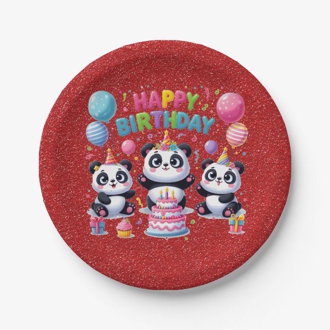 Prato De Papel Feliz Aniversário, Meus Três Pandas, (Frente)