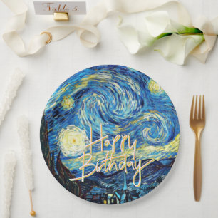 Prato De Papel Feliz Aniversário, Noite Estrelada arte fina,