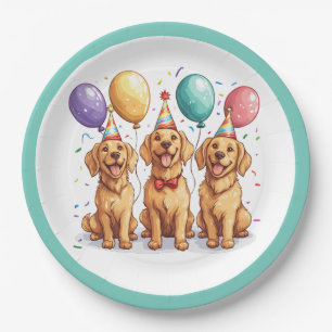 Prato De Papel Feliz Aniversário Ouro Cachorros de Retriever