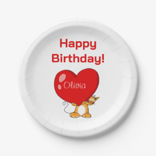 Prato De Papel Feliz Aniversário Personalizado Coração Gato
