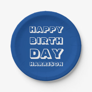 Prato De Papel Feliz Aniversário Personalizado Nome Branco Azul 