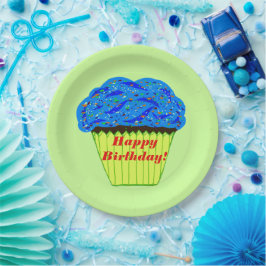 Prato De Papel Feliz aniversário - Placas de papel azul-Cupcake