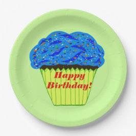 Prato De Papel Feliz aniversário - Placas de papel azul-Cupcake
