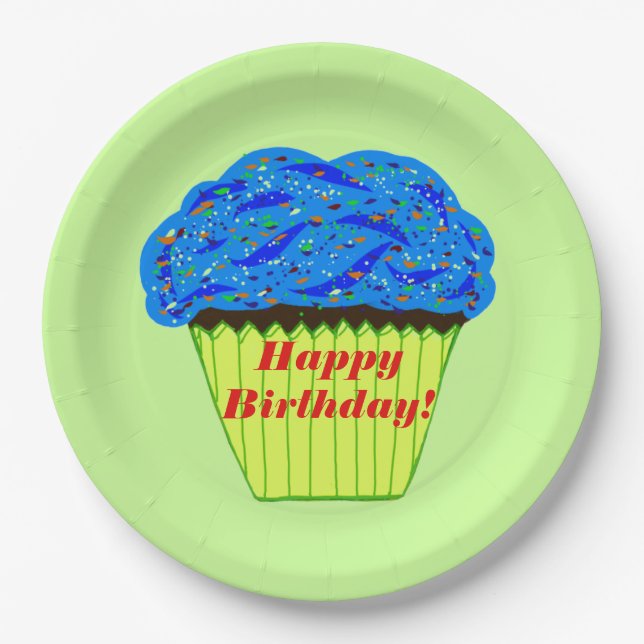 Prato De Papel Feliz aniversário - Placas de papel azul-Cupcake (Frente)