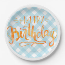 Feliz Aniversário Plate Blue Gingham