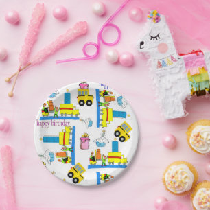Prato De Papel Feliz Aniversário Põe Caminhões Bus