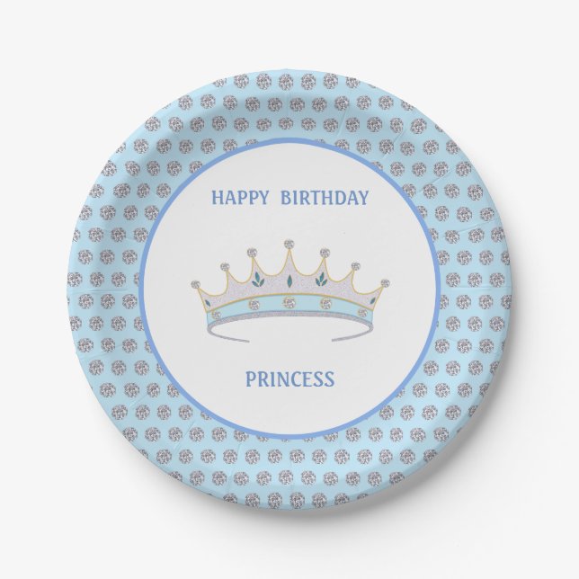 Prato De Papel Feliz Aniversário Princesa & Tiara & Confetes de D (Frente)