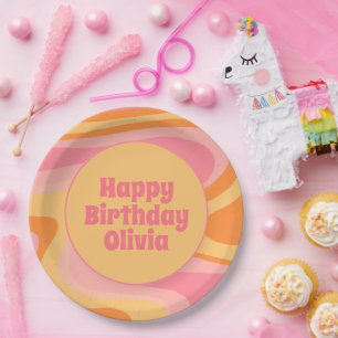 Prato De Papel Feliz aniversário Retro Vibe Abstrato Swirl 60s 70