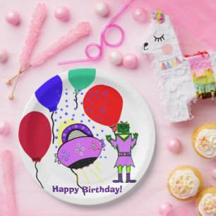 Prato De Papel Feliz Aniversário Robô Verde Rosa Púrpura Espachan