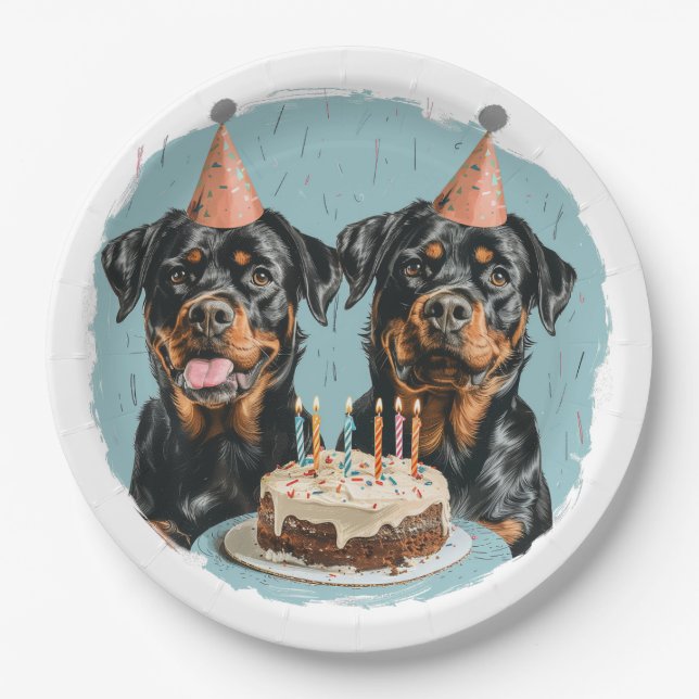 Prato De Papel Feliz Aniversário Rottweiler Cães (Frente)
