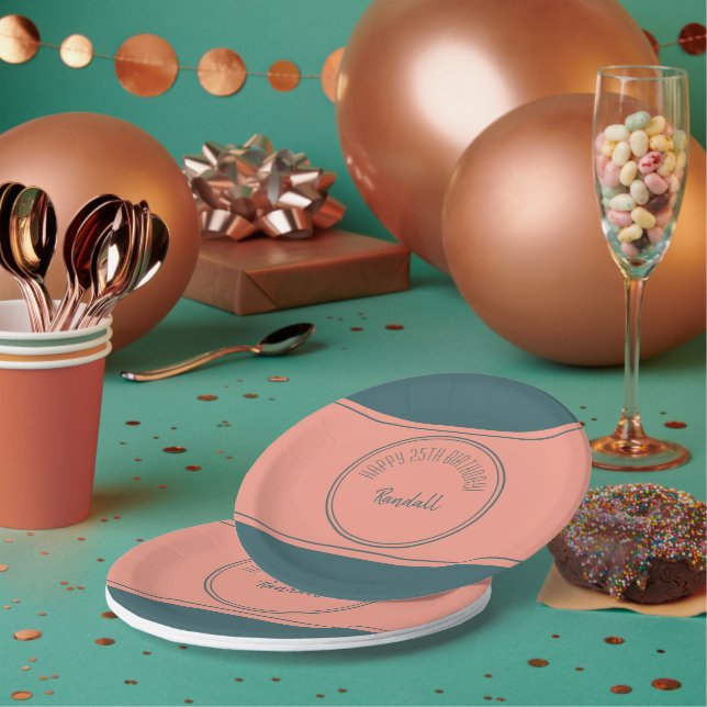 Prato De Papel Feliz Aniversário Teal Geométrico em Círculo Duplo (Múltiplo)