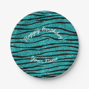 Prato De Papel Feliz Aniversário Turquesa Glitter stripes de zeb