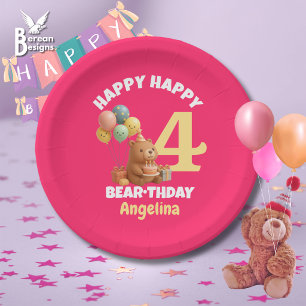 Prato De Papel FELIZ ANIVERSÁRIO Urso de Pelúcia Fofo 4º Aniversá