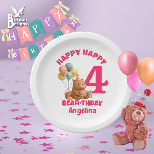Prato De Papel FELIZ ANIVERSÁRIO Urso Teddy Fofo 4º Aniversário