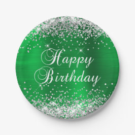 Prato De Papel Feliz Aniversário Verde com Brilho Prateado