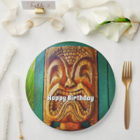 Feliz aniversário vintage retro wood tiki face leg