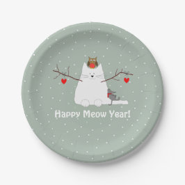 Prato De Papel "Feliz Ano de Meow!" Placa de Papel Snowcat
