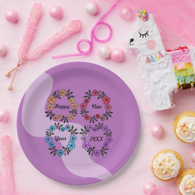 PRATO DE PAPEL FELIZ ANO NOVO 20XX PERSONALIZADO E FLOWERS WREATH (Festa)