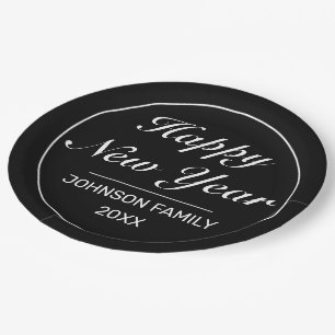 Prato De Papel Feliz ano novo branco preto minimalista